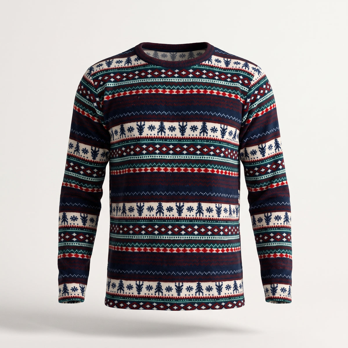Haut de pyjama polaire à jacquard nordique vu de face sans mannequin, col rond et manches longues