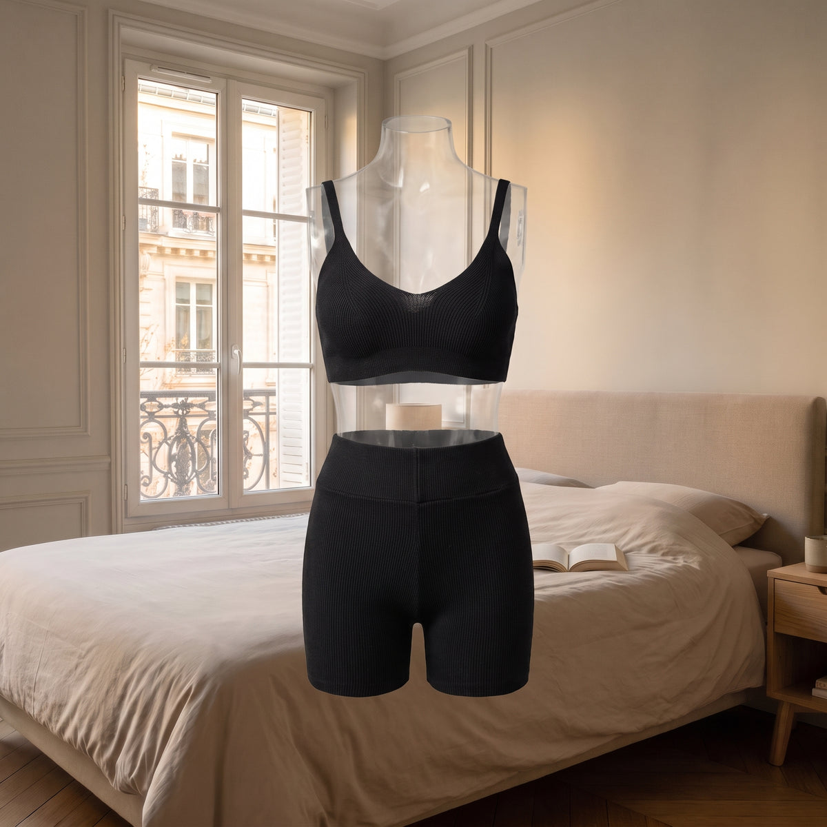Ensemble d'intérieur femme en maille côtelée noir, débardeur et short, dans une chambre