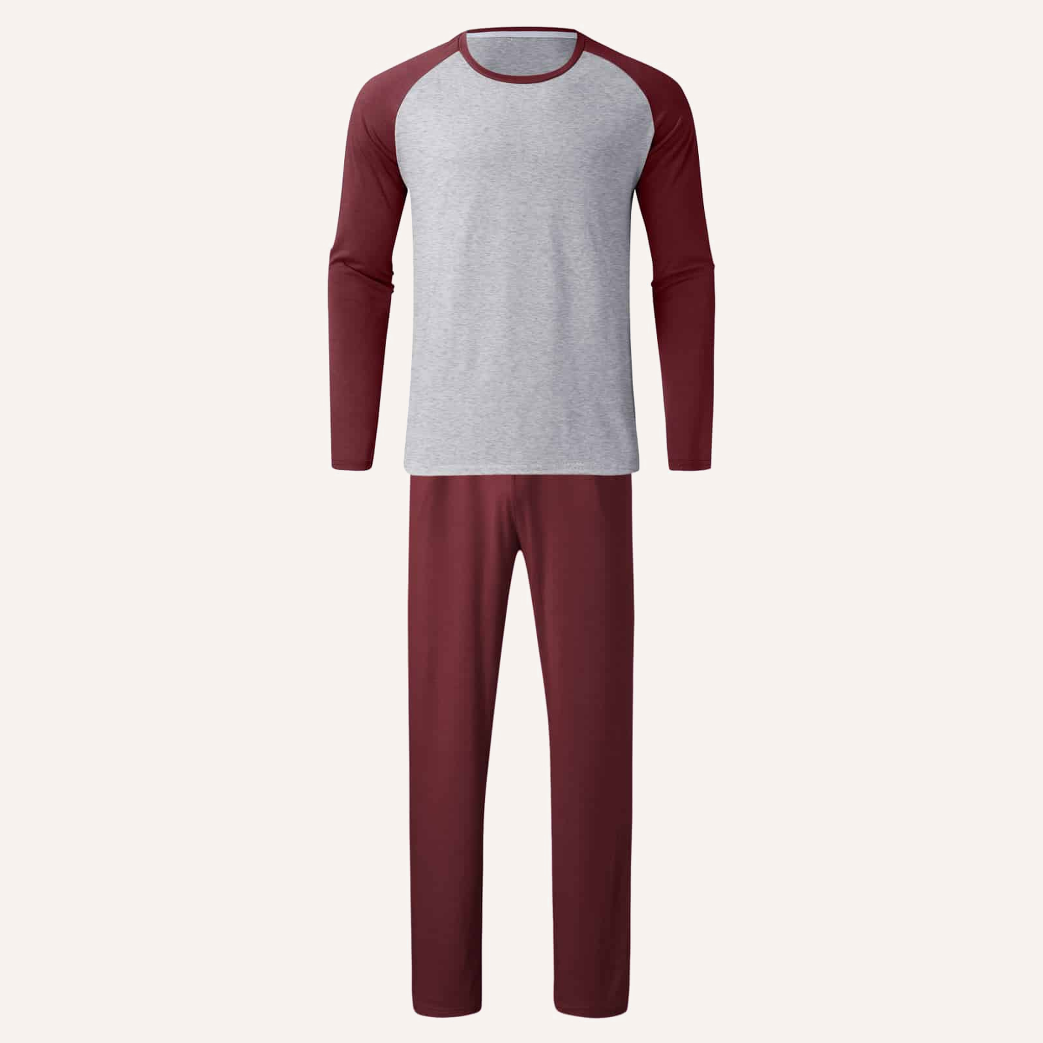 Pyjama homme bicolore gris et rouge deux pièces présenté sur fond ivoire Image