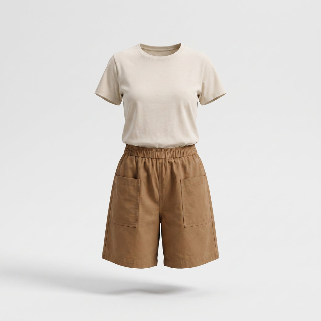 Short femme ample vu de face sur mannequin invisible, fond neutre