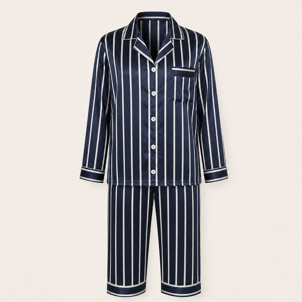 Pyjama en satin rayé bleu pour homme présenté sur mannequin fantôme Image