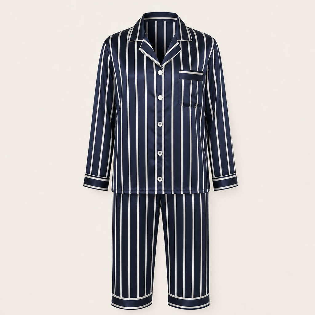 Pyjama en satin rayé bleu pour homme présenté sur mannequin fantôme