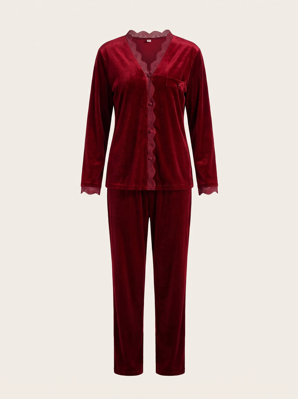 Pyjama rouge en velours, haut et pantalon sur mannequin invisible