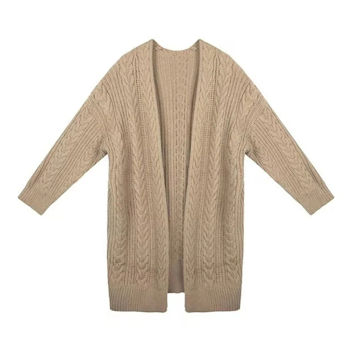 Gilet beige à grosses mailles présenté seul de face sur fond blanc