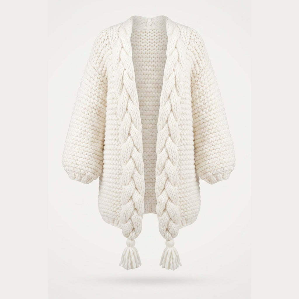 Gilet long en grosse maille blanc cassé vu de face, sur fond uni