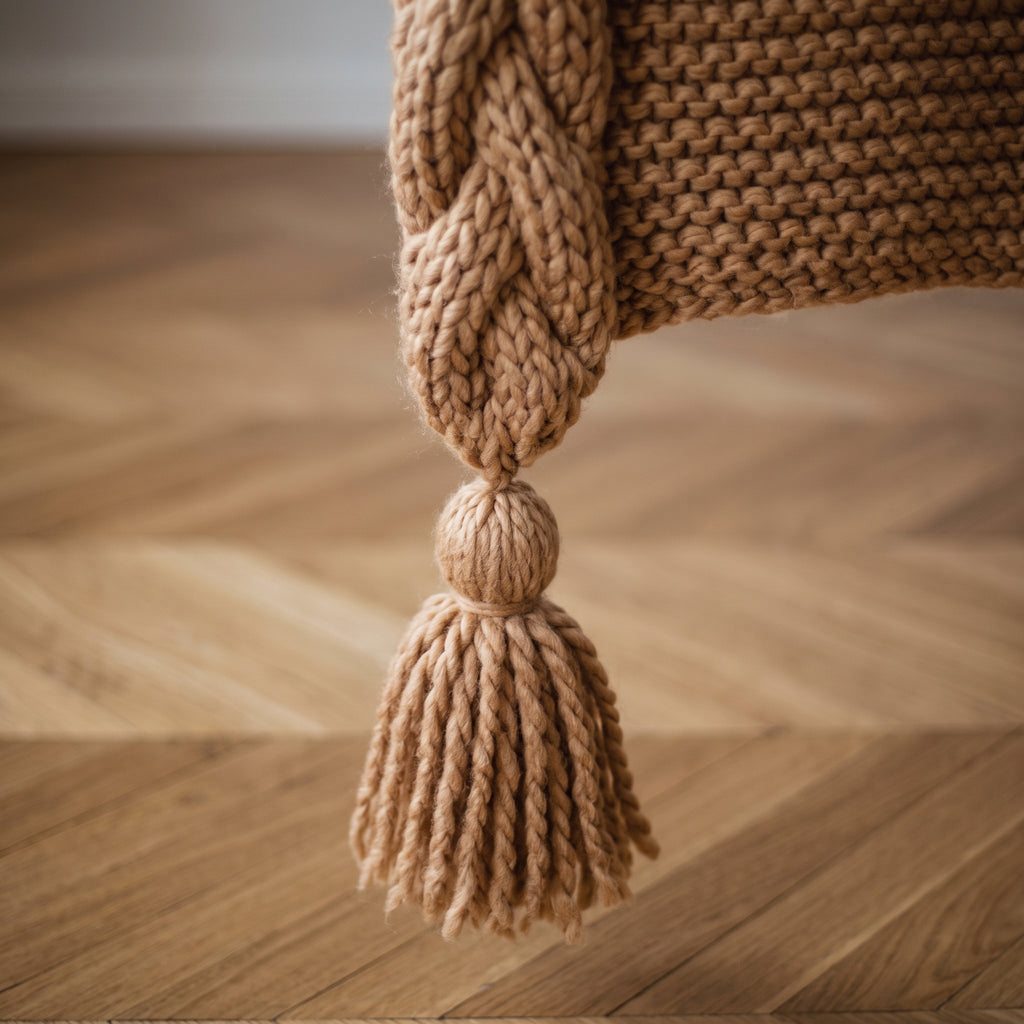 Gland à franges au bas d'un pan torsadé du gilet, coloris camel