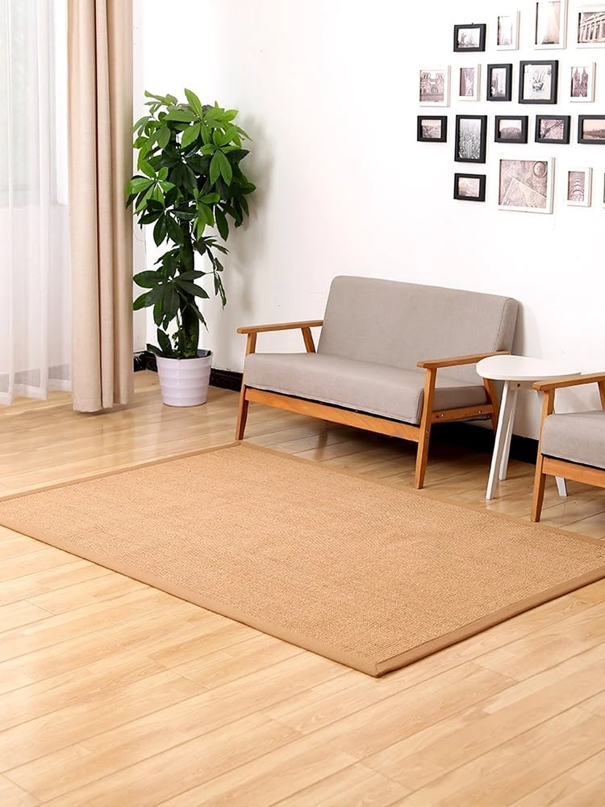 Grand tapis rectangulaire beige en sisal tissé dans un salon clair Image
