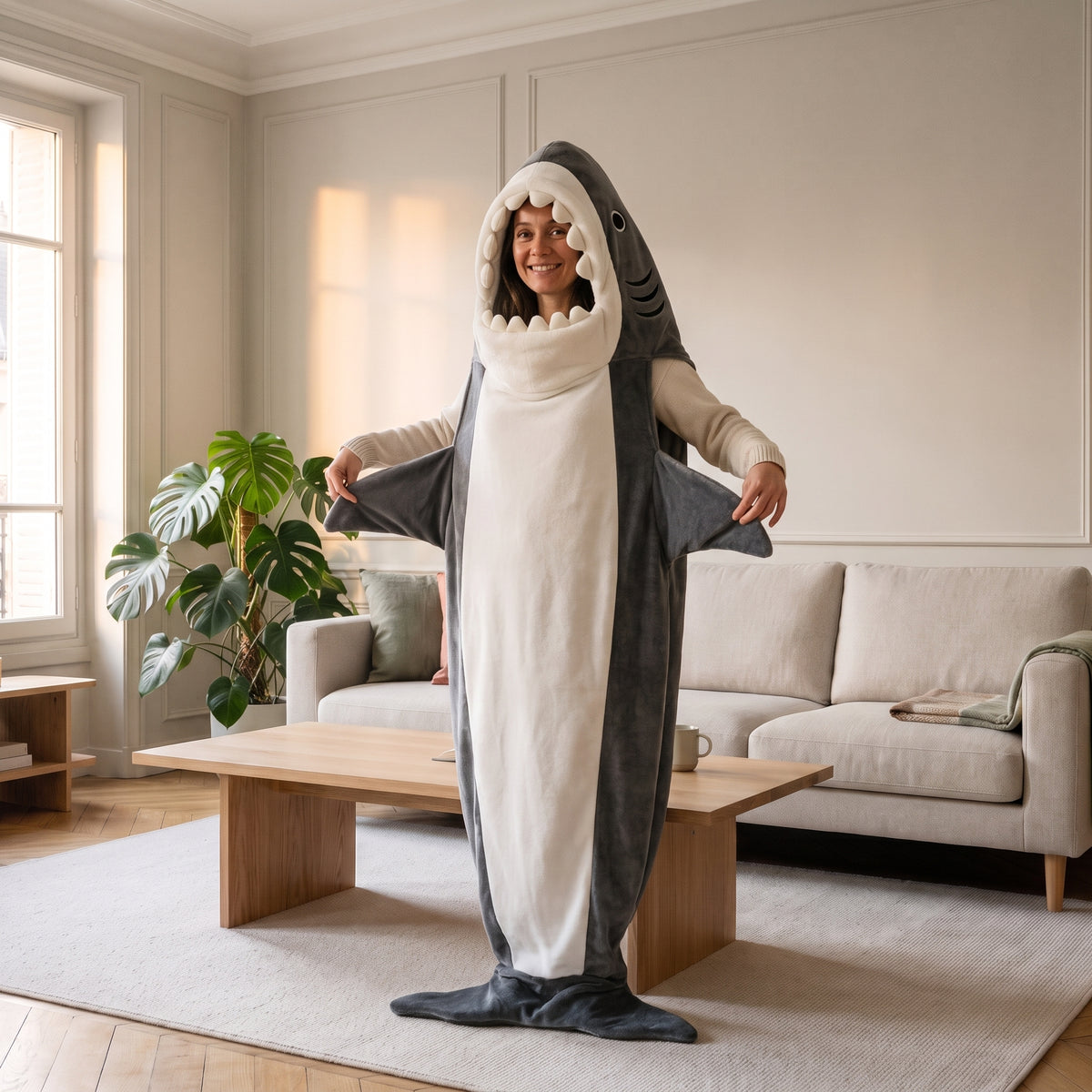 Femme debout portant le plaid requin gris anthracite, capuche relevée, les bras hors du sac, dans un salon