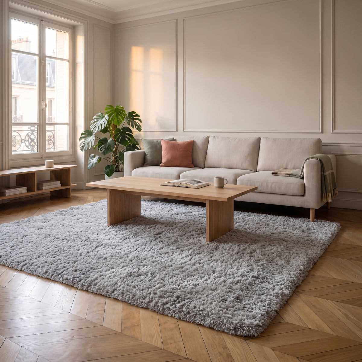 Tapis en fausse fourrure gris étendu dans un salon clair devant un canapé
