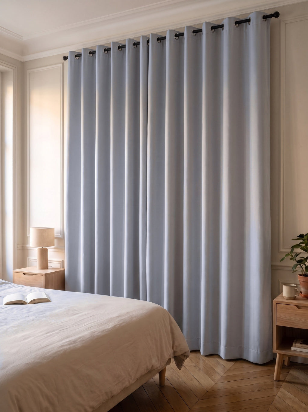 Rideau occultant uni gris tiré devant la fenêtre d'une chambre