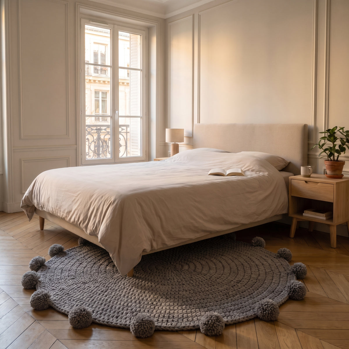 Tapis rond gris à pompons au pied d’un lit dans une chambre