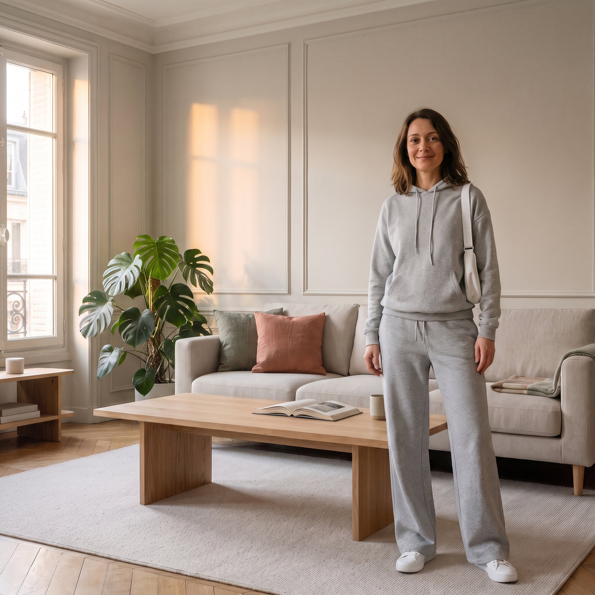 Ensemble jogging femme gris clair porté dans un intérieur lumineux
