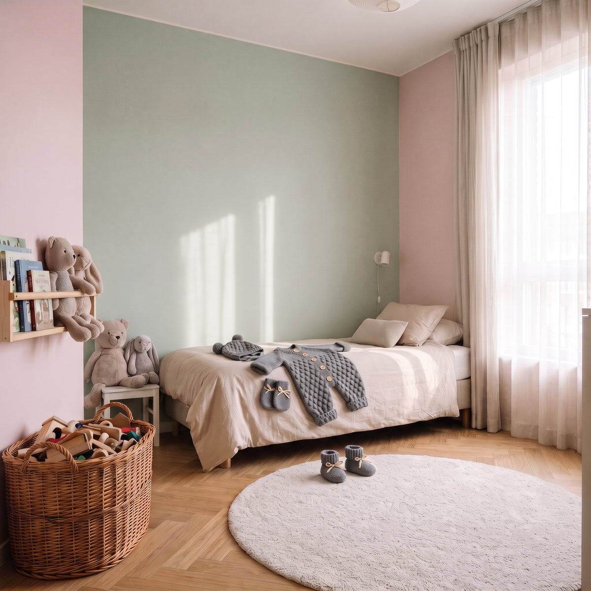 Barboteuse tricot gris et ses accessoires sur le lit