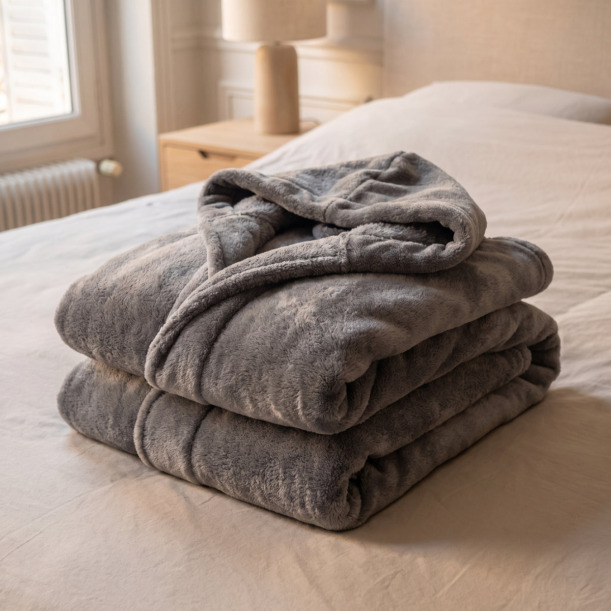 Détail de la matière épaisse et pelucheuse d'une robe de chambre longue homme grise