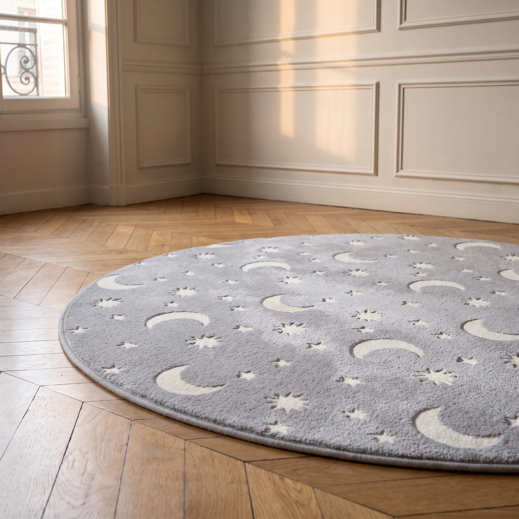 Détail du tapis phosphorescent gris à motifs de lunes et d’étoiles