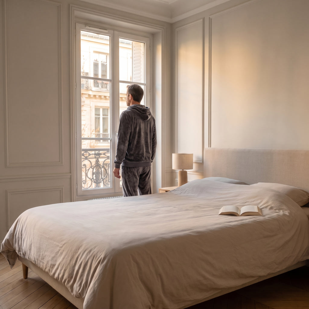 Pyjama polaire gris à capuche vu de dos, porté par un homme debout près de la fenêtre de la chambre