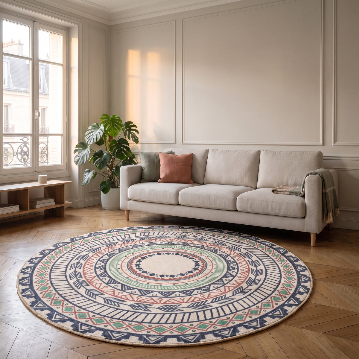 Tapis rond mandala gris et corail posé devant un canapé dans un salon
