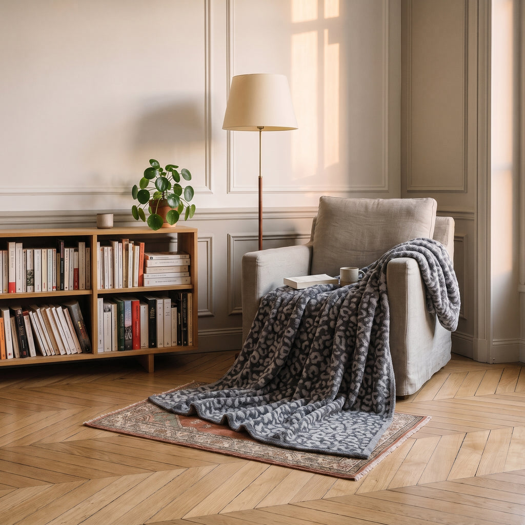 Plaid léopard gris posé sur un fauteuil de lecture