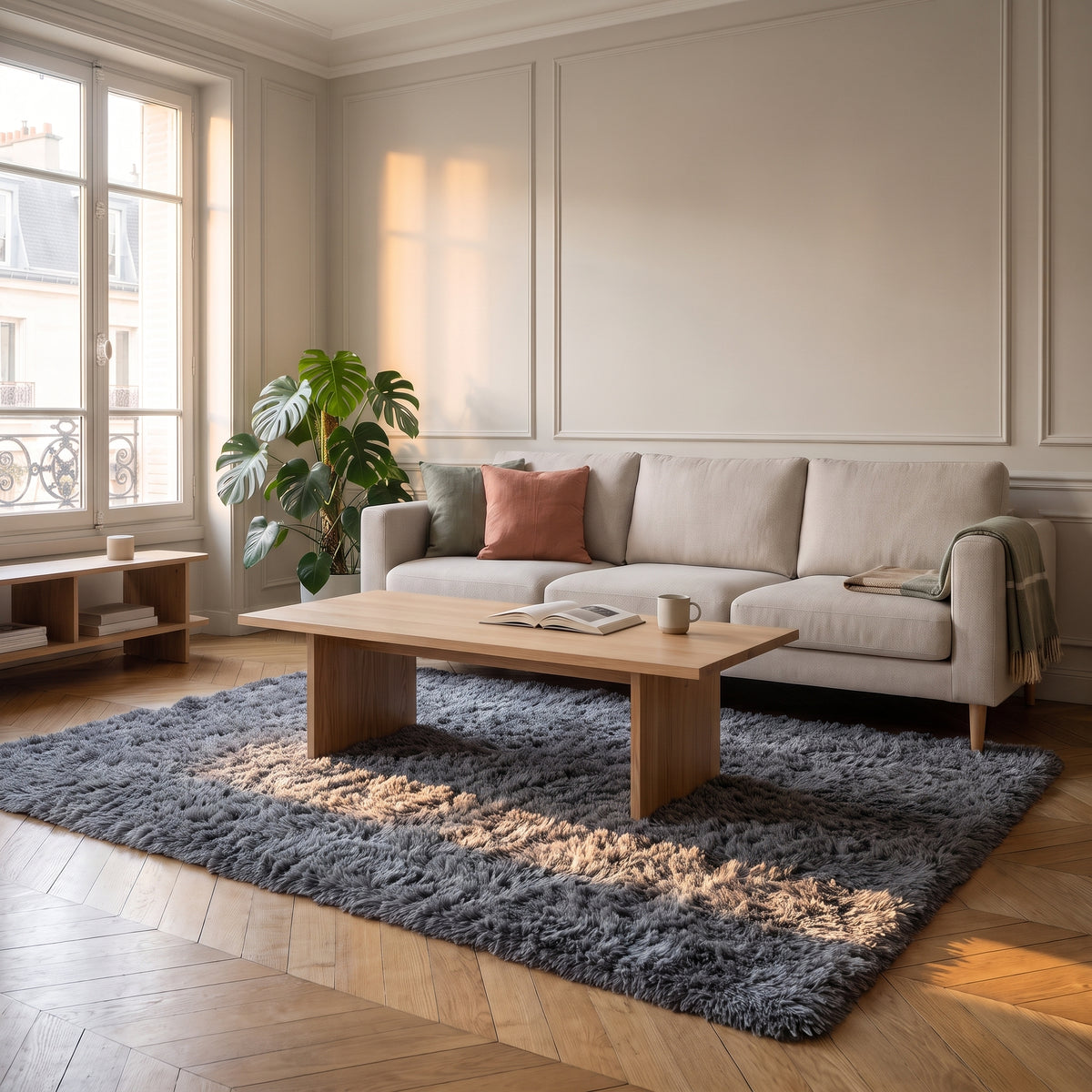 Tapis en fausse fourrure gris foncé étendu dans un salon clair devant un canapé