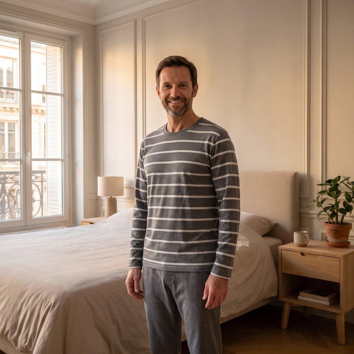 Pyjama homme gris foncé à haut rayé porté dans une chambre lumineuse