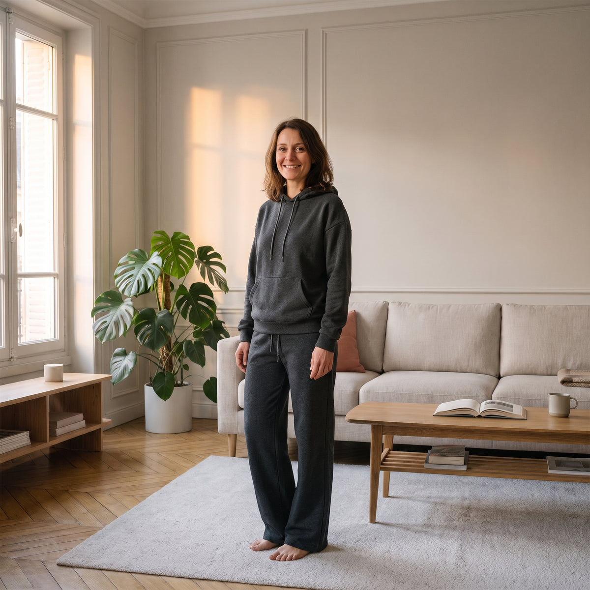 Ensemble jogging femme gris foncé porté dans un intérieur lumineux