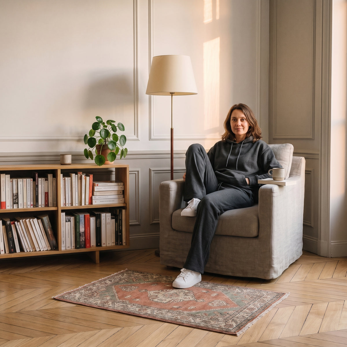Ensemble jogging femme gris foncé porté dans un coin lecture