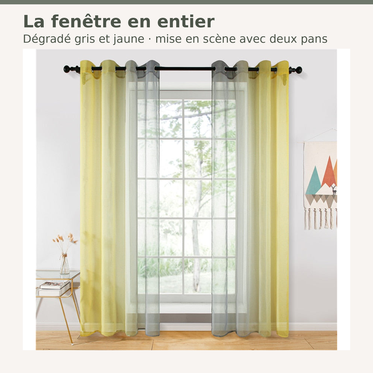 Rideau transparent dégradé gris et jaune devant une fenêtre entière, présenté avec deux pans Image