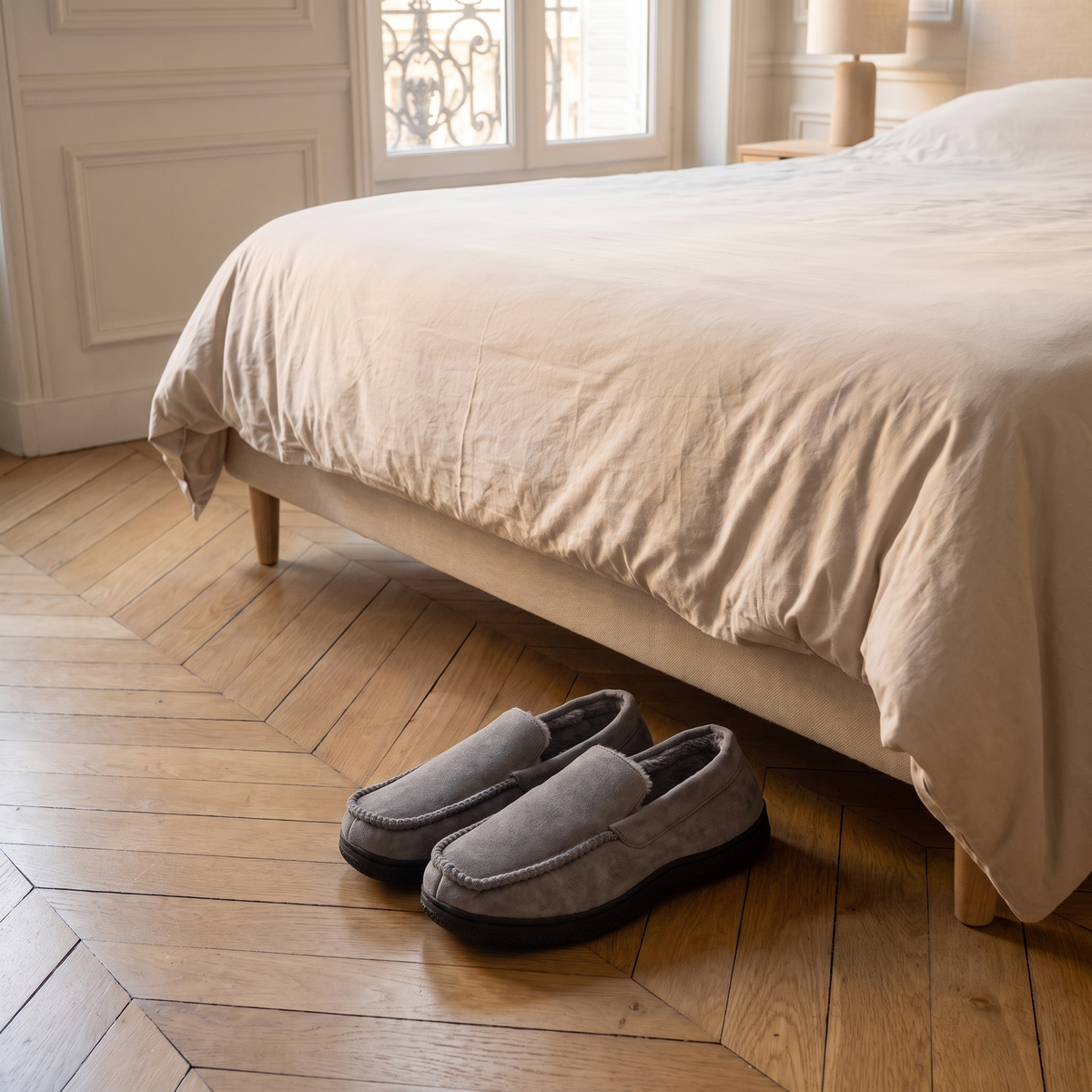 Mocassins chaussons homme gris posés au pied du lit
