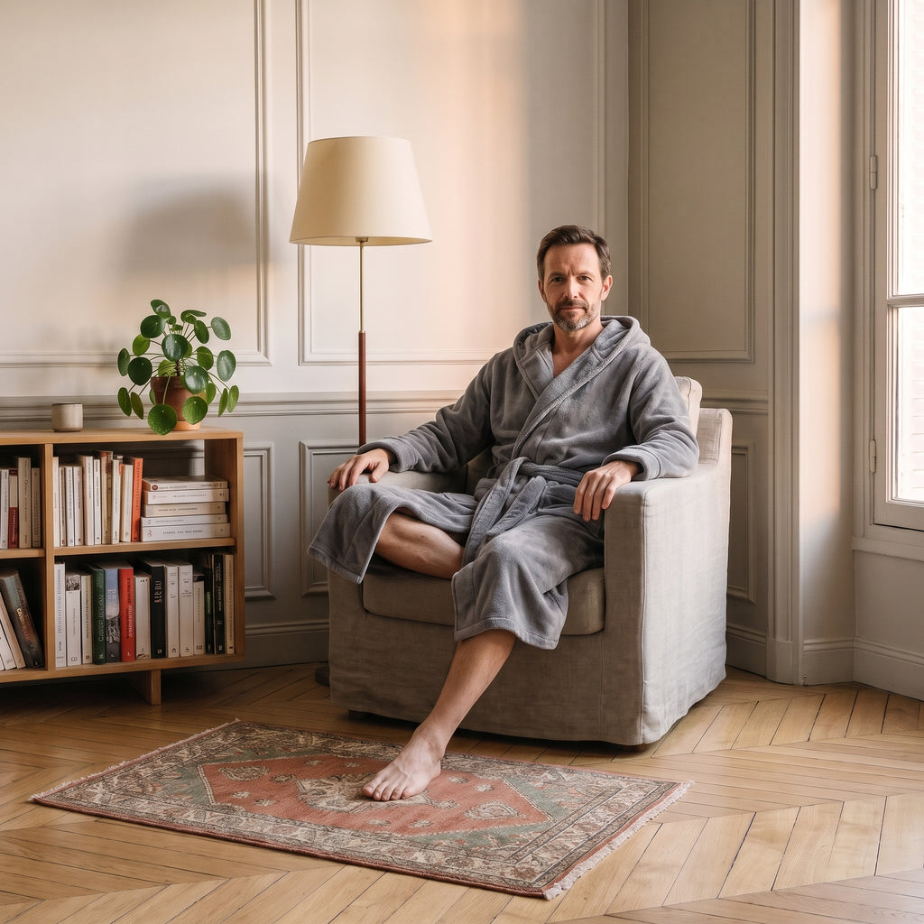 Homme du casting en robe de chambre Grise assis dans le coin lecture