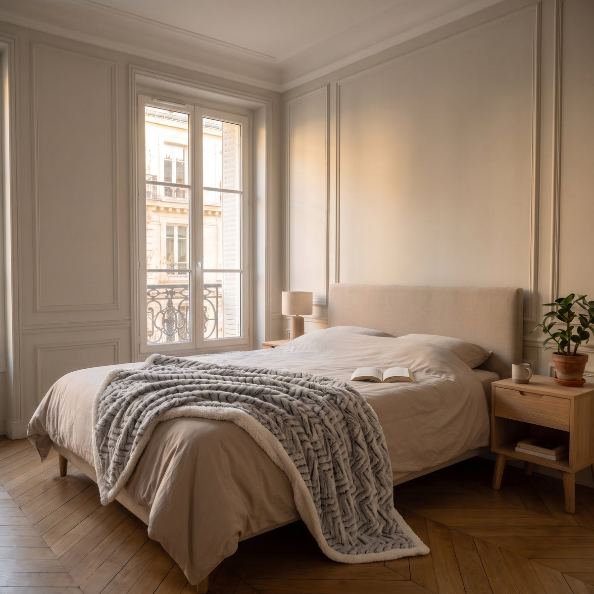 Plaid en fausse fourrure grise déplié sur un lit deux places