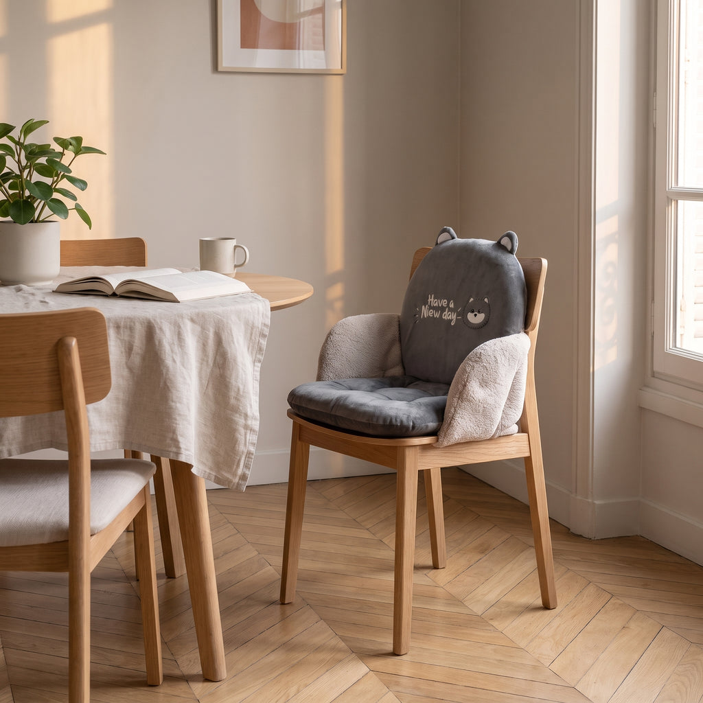Coussin de chaise gris mixte à motif chat, installe sur une chaise en bois du coin repas