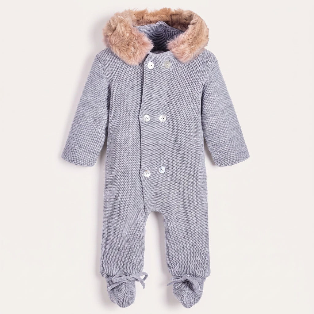 Combinaison grise pour bébé en maille et capuche bordée