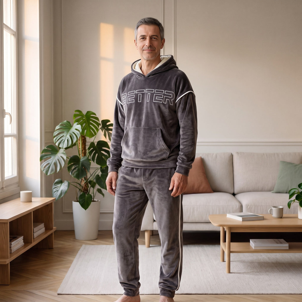 Homme debout en pyjama polaire gris anthracite, passepoil blanc en travers des épaules et bande blanche le long du pantalon