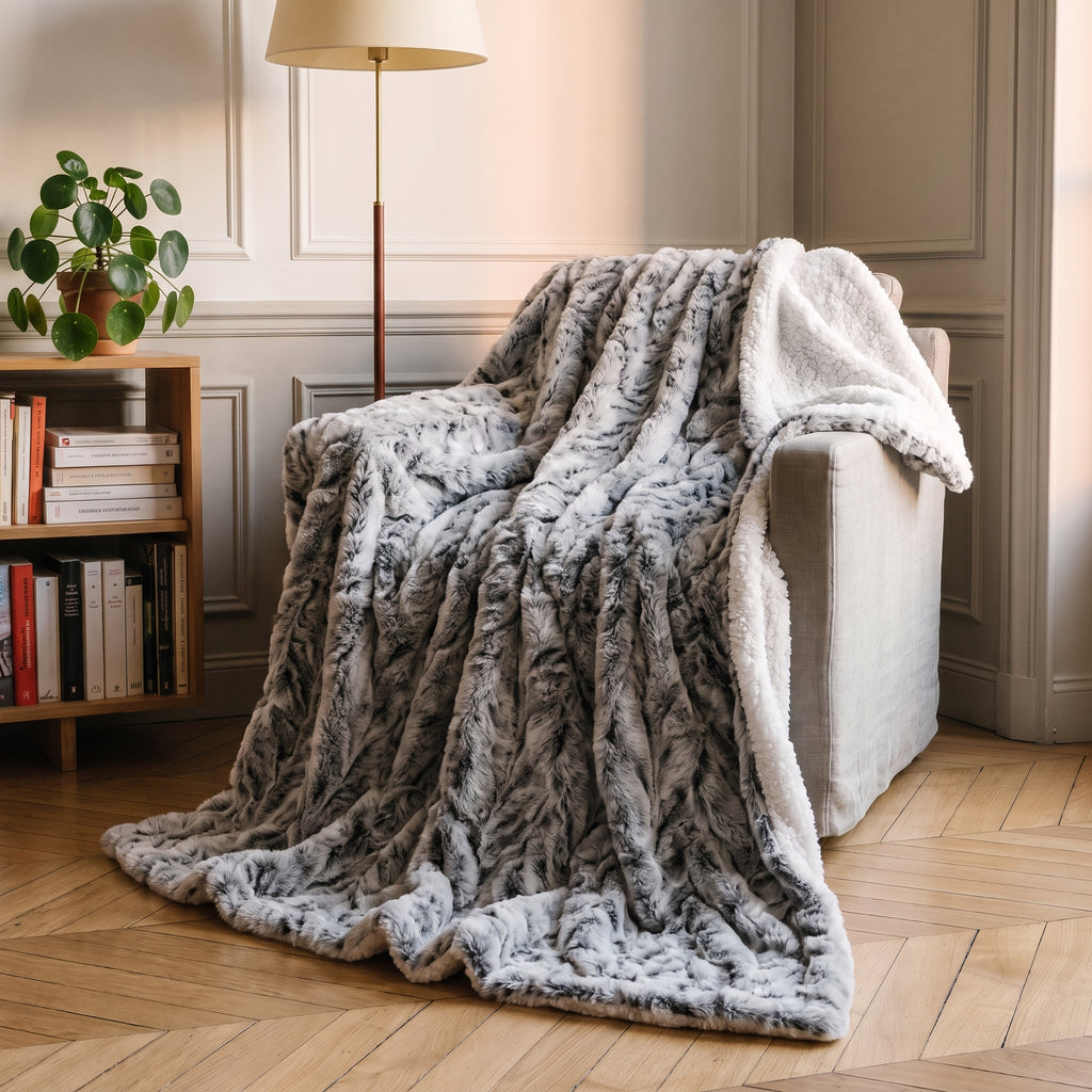Plaid en fausse fourrure grise posé sur un fauteuil, retombée au sol