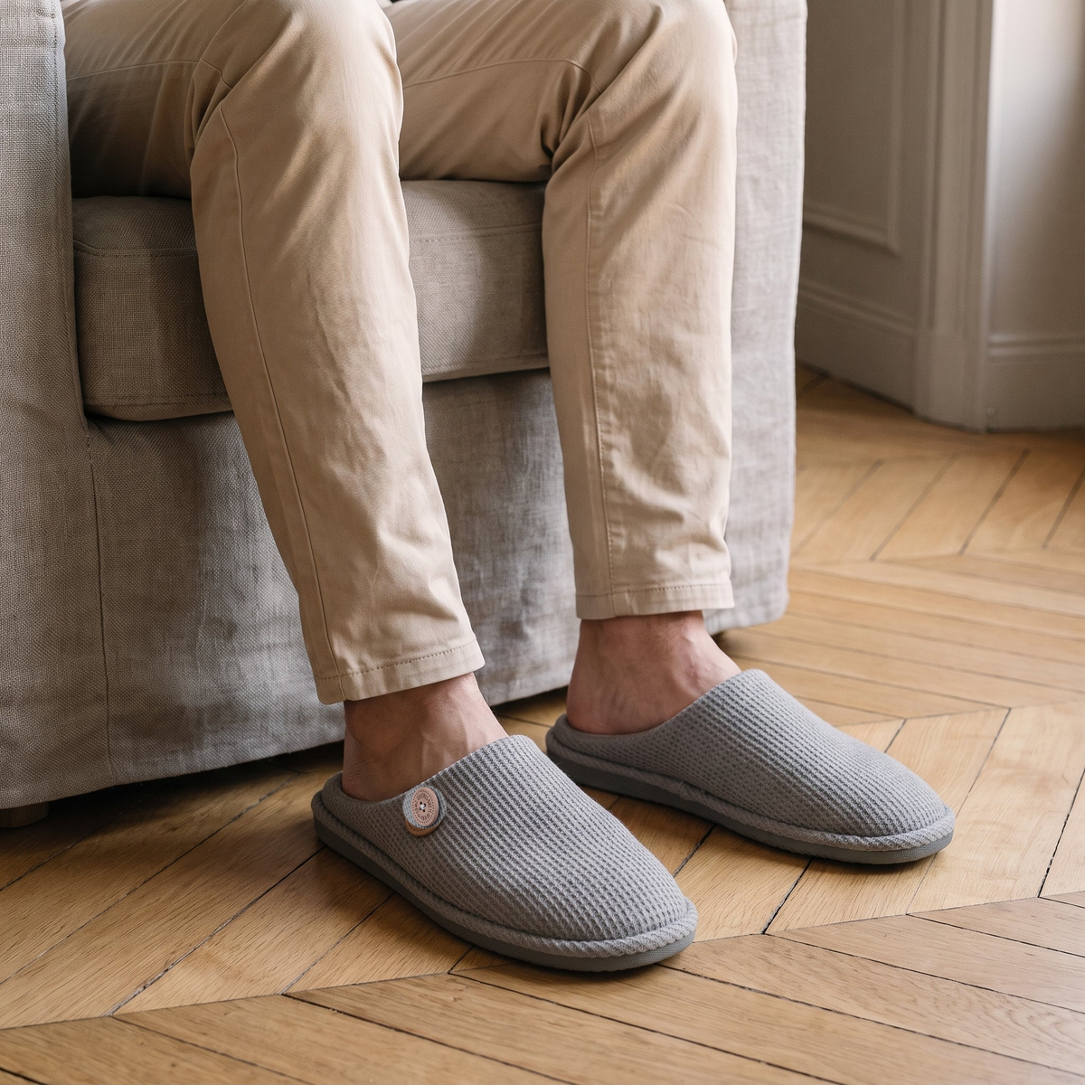 Chaussons homme gris portés dans le salon