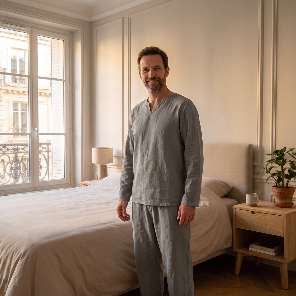 Pyjama homme gris ample porté dans une chambre lumineuse