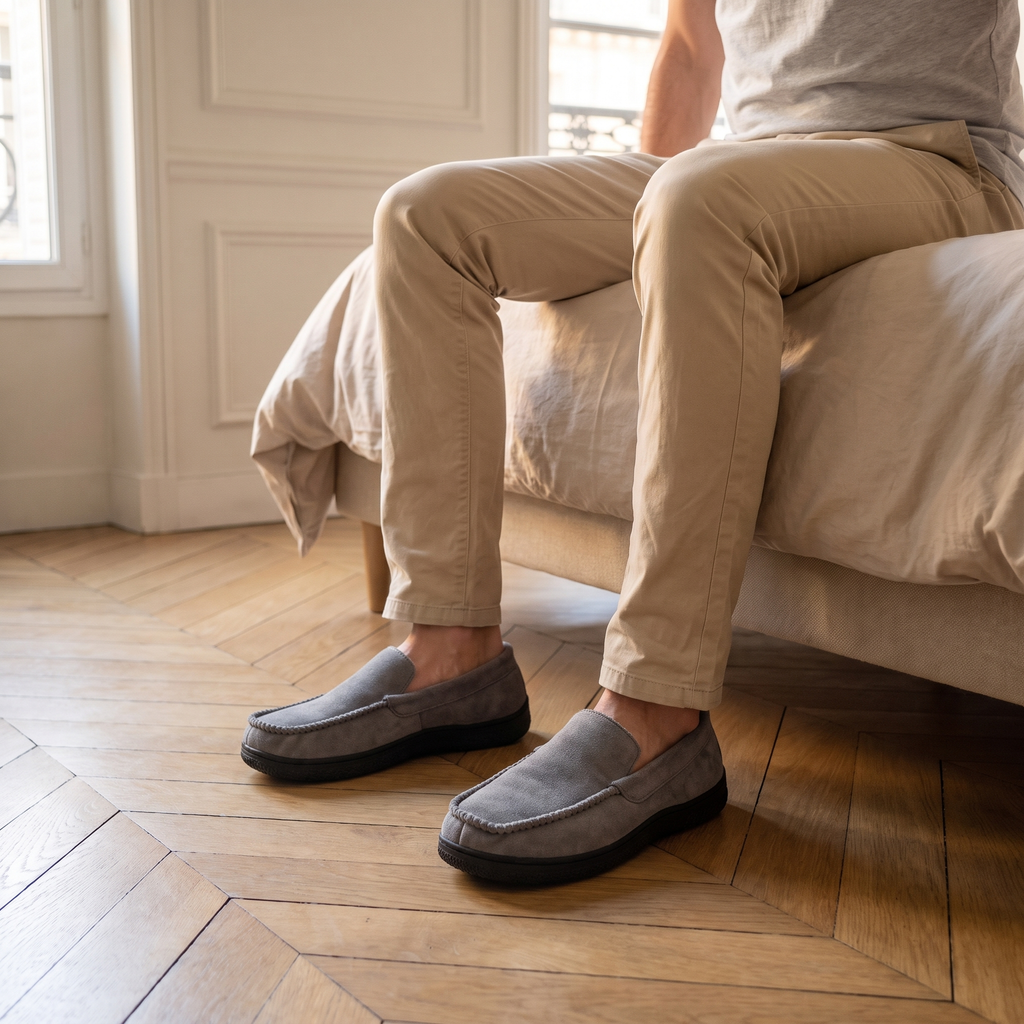 Mocassins chaussons homme gris portés au pied du lit
