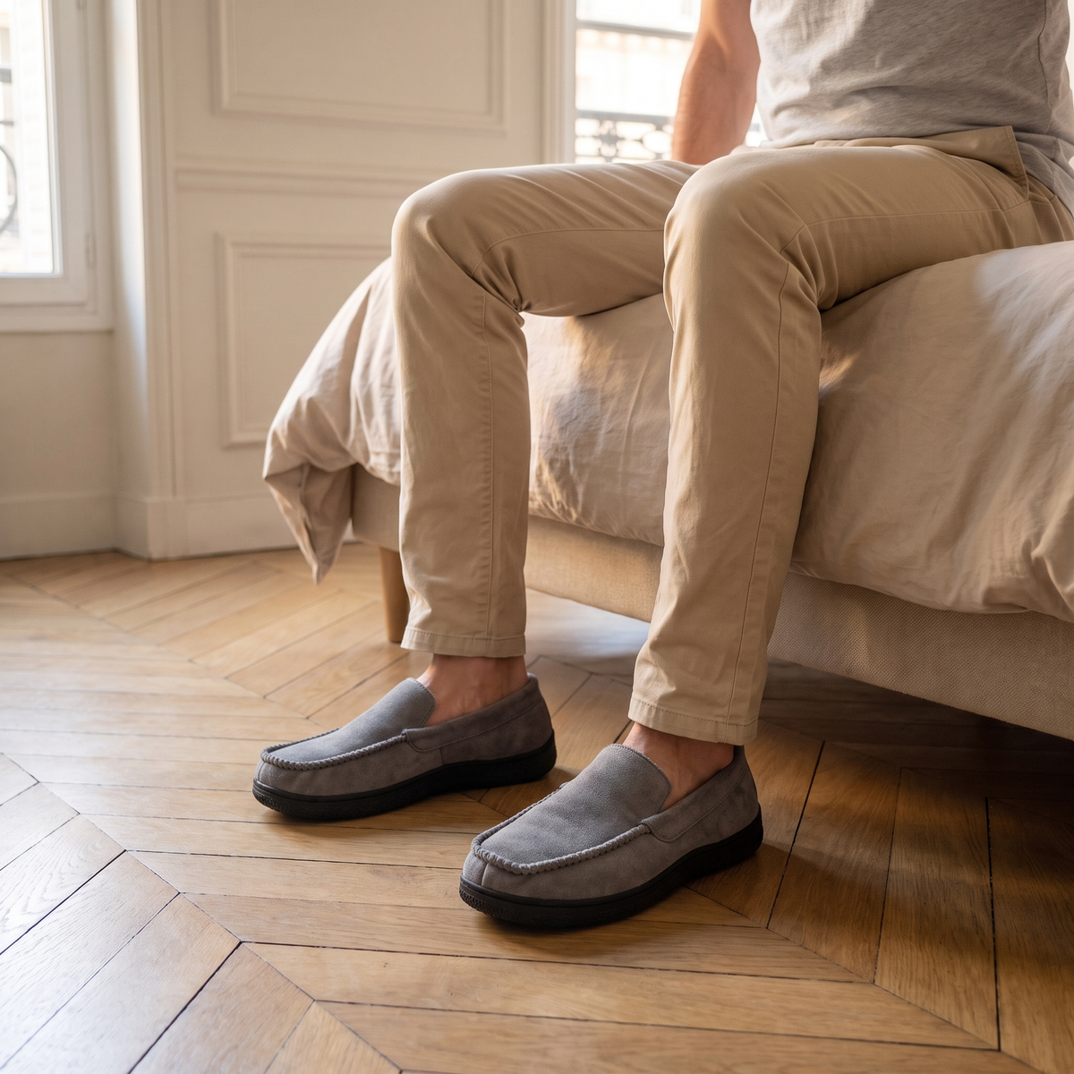 Mocassins chaussons homme gris portés au pied du lit