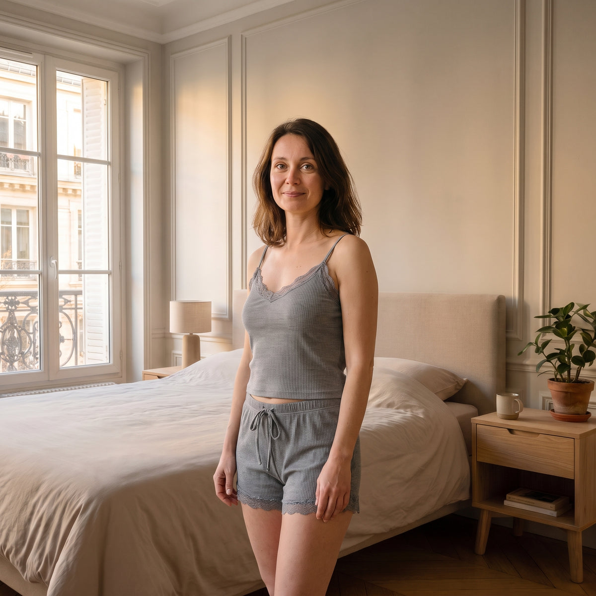 Femme du casting portant le pyjama court gris en coton côtelé dans une chambre lumineuse