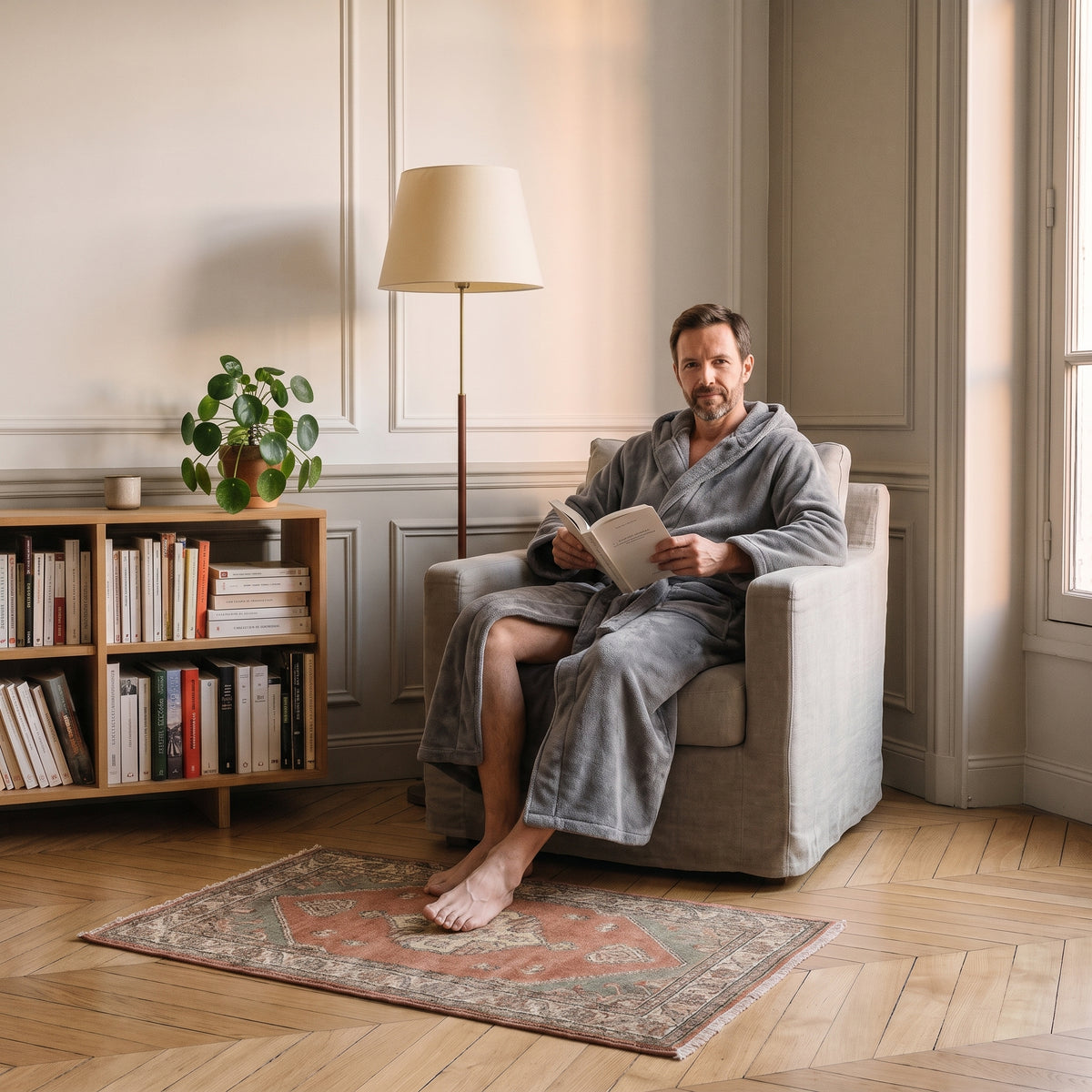 Robe de chambre longue homme grise portée dans un fauteuil de lecture