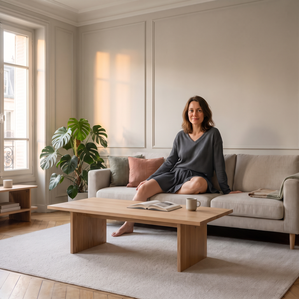 Femme assise dans son salon avec l'ensemble détente gris côtelé