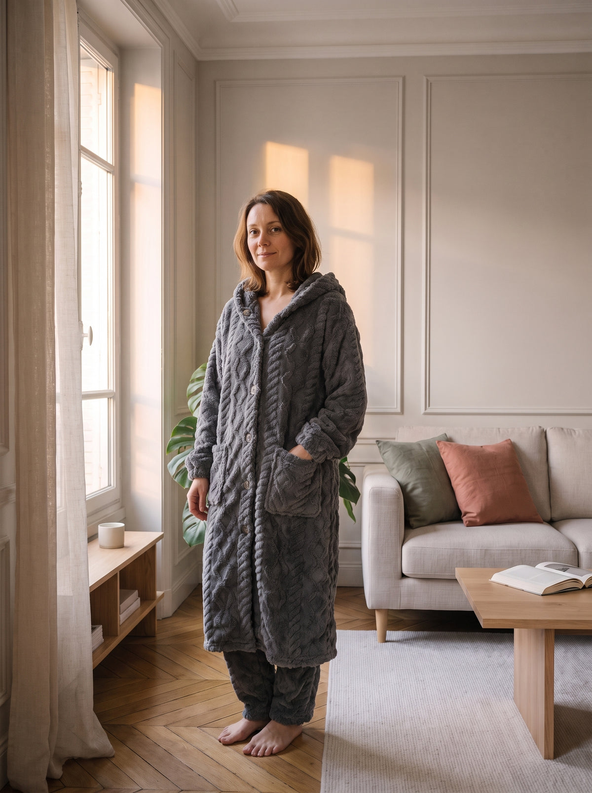 Femme châtain du casting Moment Cocooning portant l'ensemble pyjama gris dans le salon Image