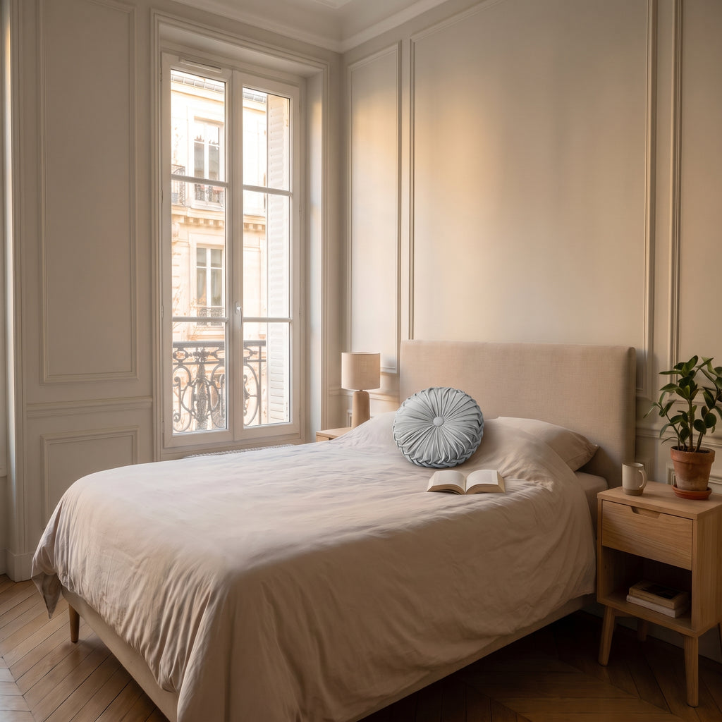 Coussin rond plissé en velours gris, posé devant les oreillers d'un lit fait