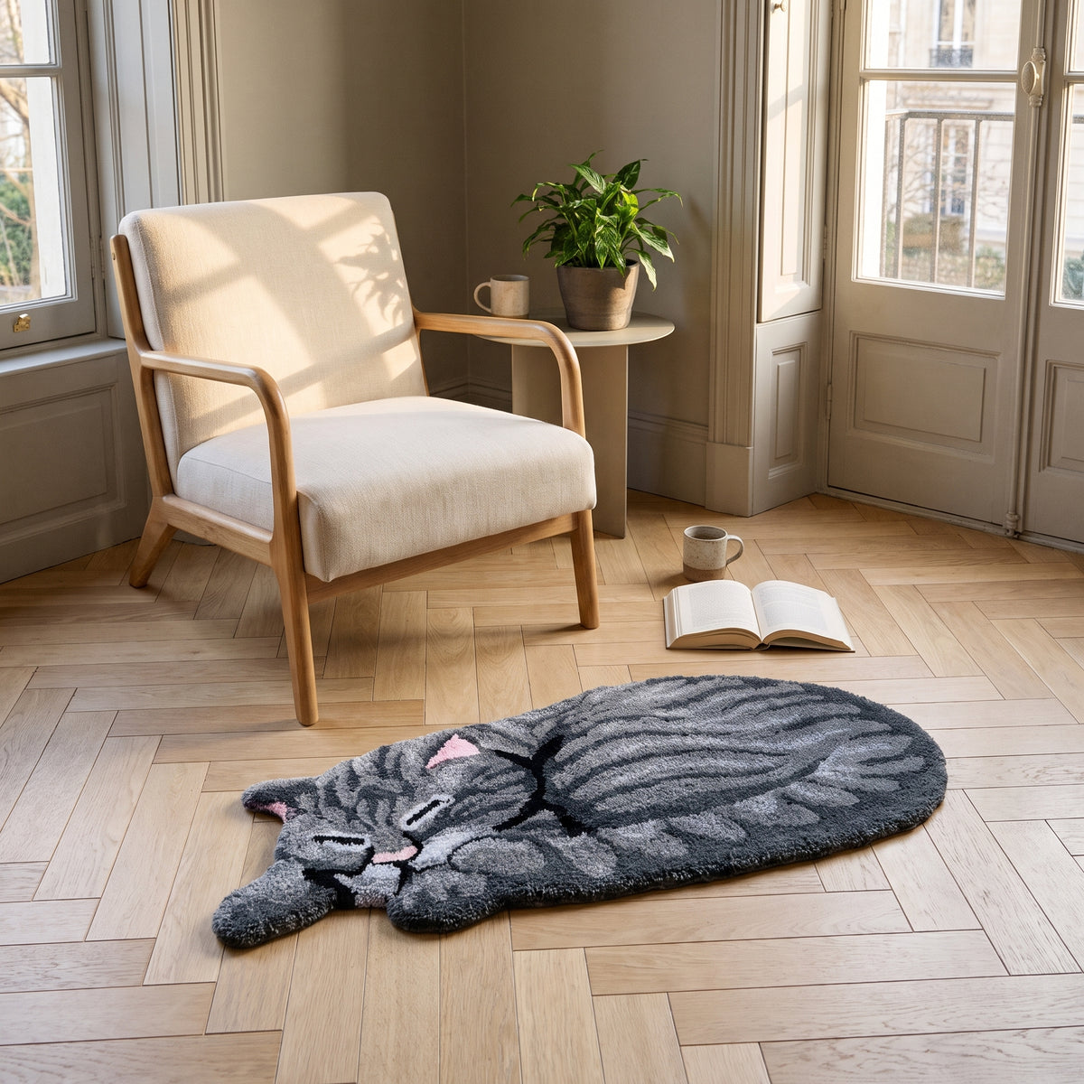 Tapis chat gris pose a plat au pied du fauteuil de lecture