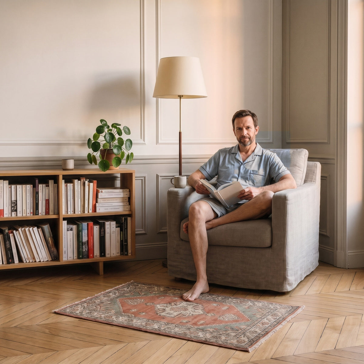 Homme en pyjama d'été en coton gris chiné assis dans le fauteuil de lecture
