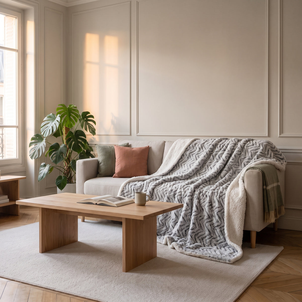 Plaid en fausse fourrure grise jeté dans un intérieur