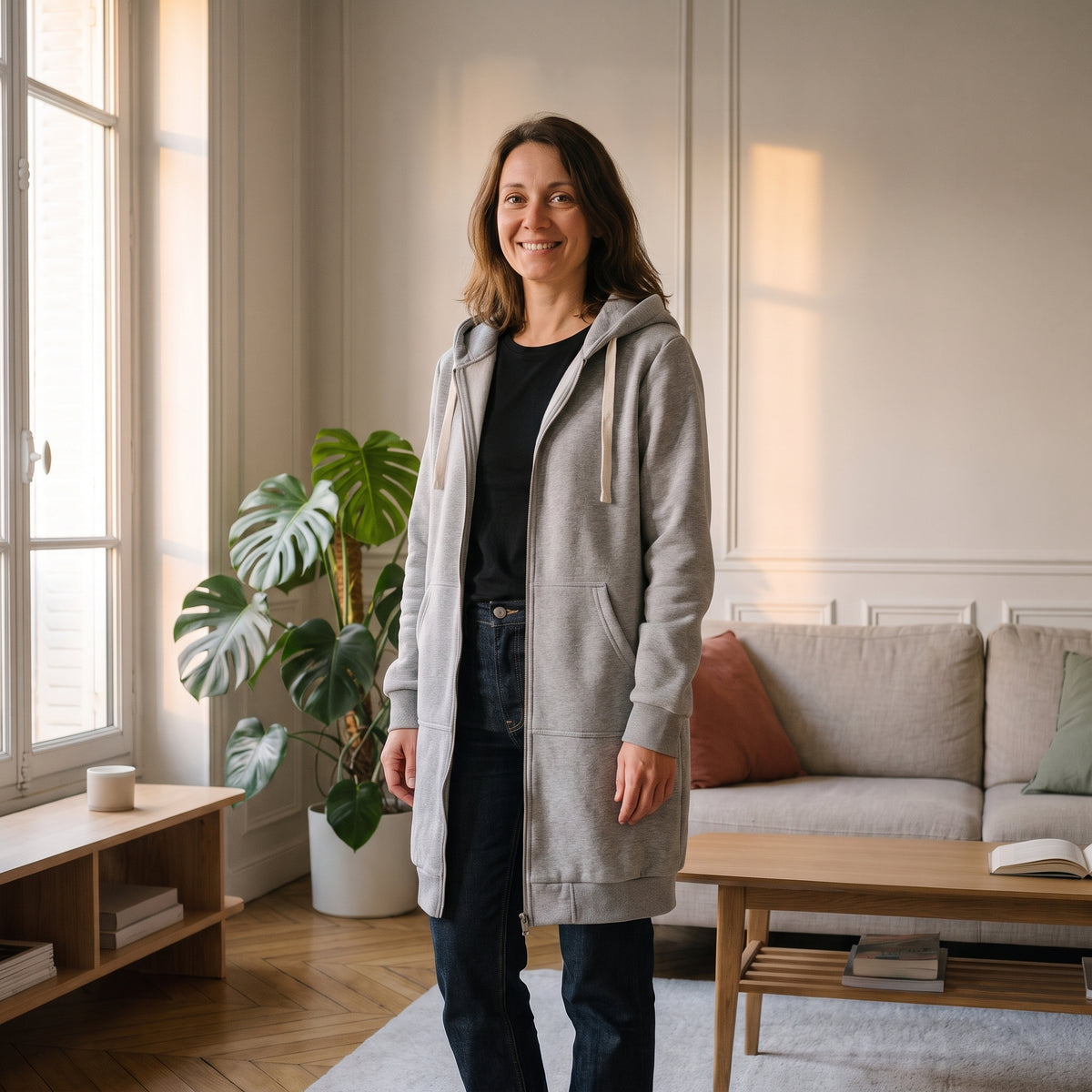 Femme en veste à capuche longue gris chiné dans un salon parisien