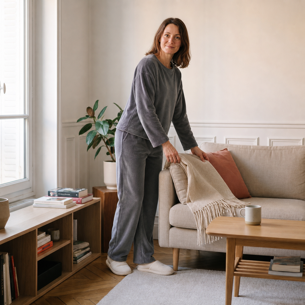 Pyjama polaire femme gris en molleton doux