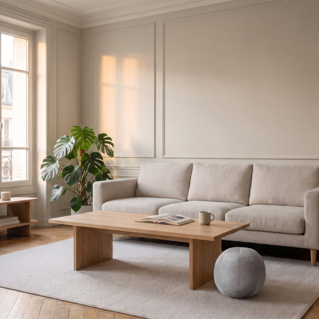 Coussin rond nordique en velours gris, posé au sol près du canapé