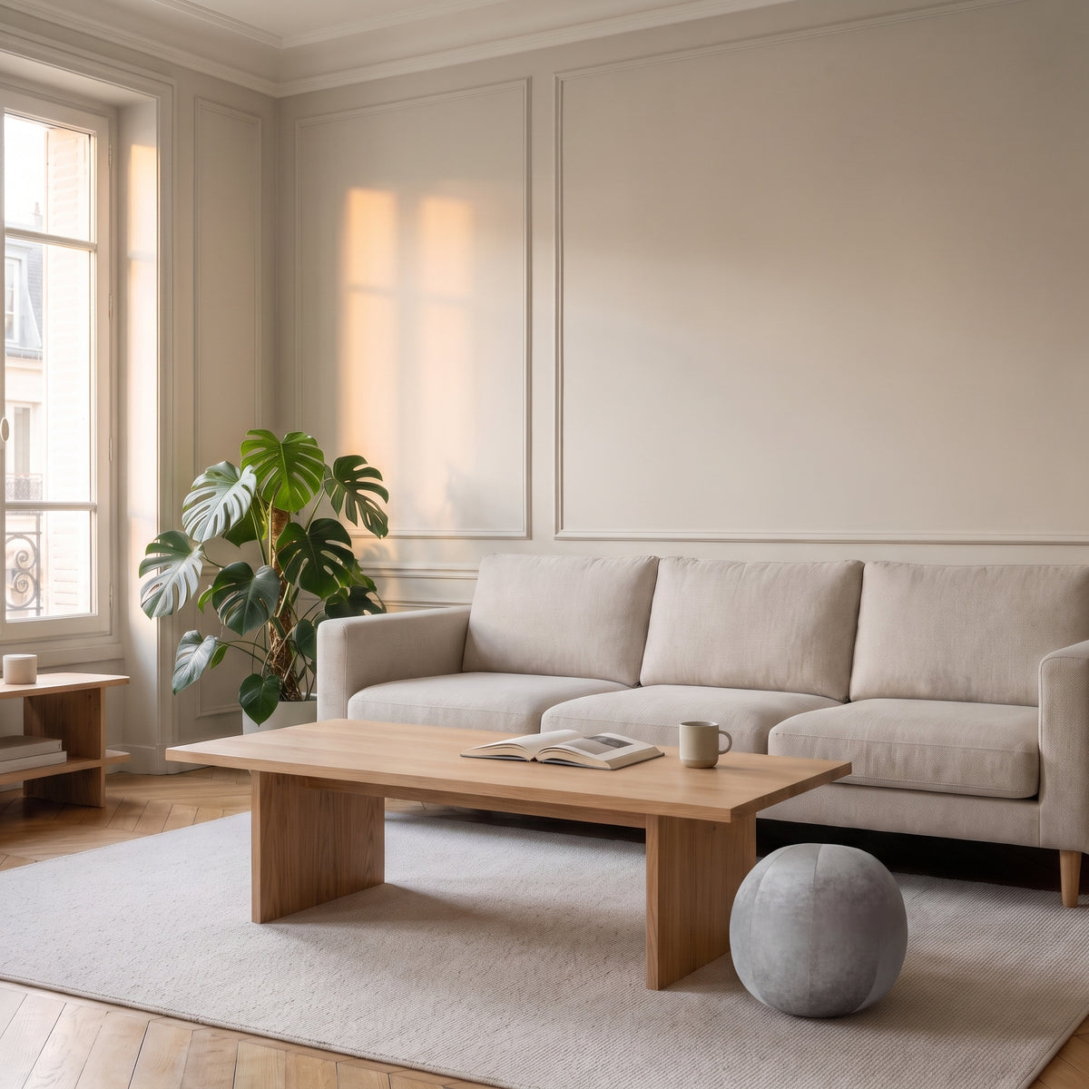 Coussin rond nordique en velours gris, posé au sol près du canapé